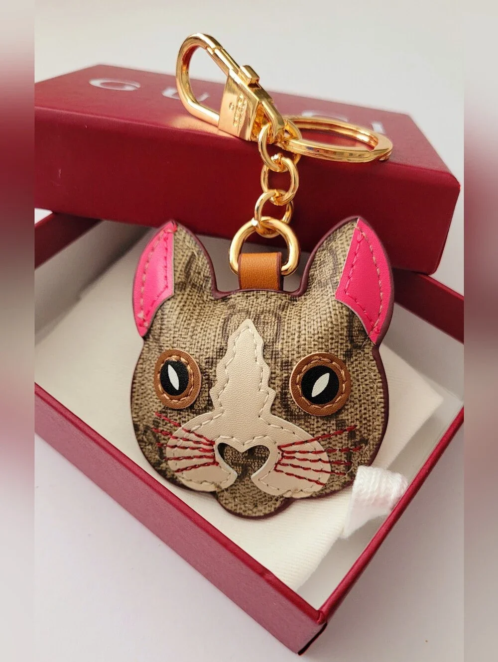 🇮🇹 Gucci Brown & Pink✨️ Cat Face Keyring✨️ with Gold Hardware🇮🇹